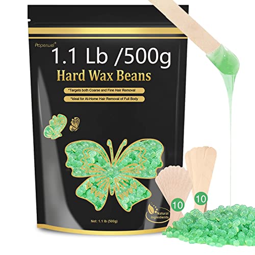 Hard Wax Beads for Hair Removal - 1.1lb/17.05oz Waxing Beads for Coarse Hair, Sensitive Skin, Brazilian Bikini,Underarms,Face,Body - Wax Beans Bulk with 20 Wax Sticks At Home Waxing Kit(Aloe)