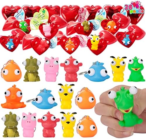 JOYIN 26 PCS V-Day Filled Hearts with Cards Filled with Popping Eyes Keychains for Kids Valentin Classroom Exchange, Party Favors, Gift Exchange, Game Prizes
