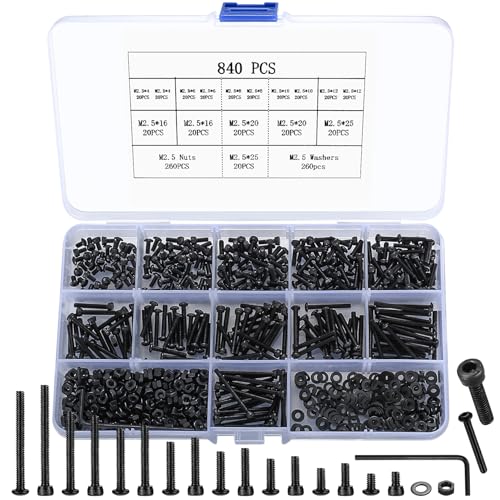 840 Pcs M2.5 Small Metric Screws with Nuts, Hex Socket Head Cap and Nut Assortment Kits, Carbon Steel Replacement Machine Fastener Screws and Bolts Nuts (M2.5 840 Black)