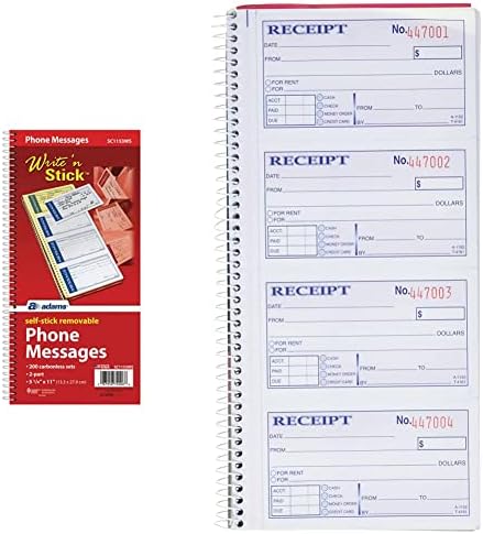 Adams Write 'N Stick Message Pad, 2-Part, Carbonless, Blue, 5-1/4" x 11", 200 Sets per Book (SC1153WS) & Money and Rent Receipt Book, 2-Part Carbonless, 5-1/4" x 11", Spiral Bound