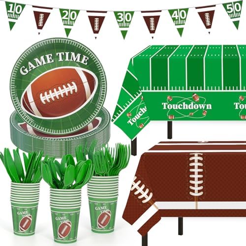 Football Party Supplies Set, 133Pcs Football Party Decorations Disposable Football Party Plates Cups Knives Spoons Fork Banner and Tablecloth,Football Birthday Party Favors for Home, Dinner, Birthday