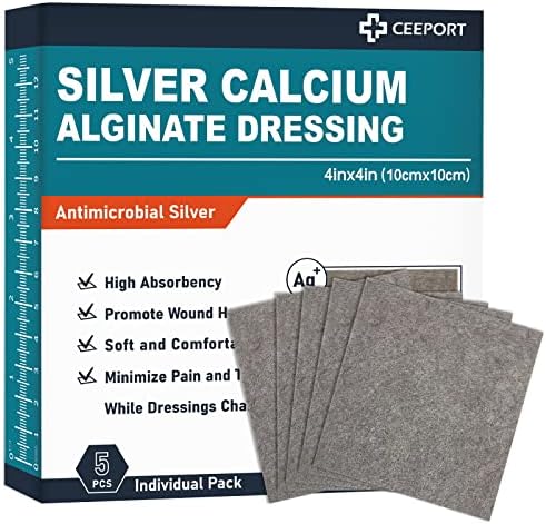 Silver Calcium Alginate Wound Dressing, 4" x 4" Patches, Highly Absorbent Dressing Gauze, Non Stick Pads for Wounds, Soft and Comfortable Silver Dressing for Wound Care, 5 Packs