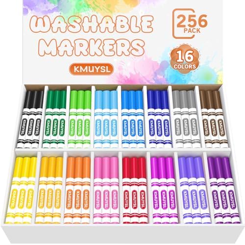KMUYSL 256 Count Washable Markers Bulk, Markers in 16 Assorted Colors - Broad Line Conical Tip Coloring Markers for Kids, School Art Supplies & Back to School Supplies, Classroom Must Haves