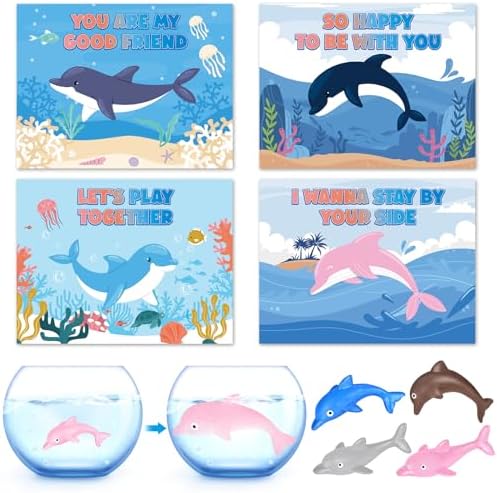 SpringFlower Valentines Day Cards With Dolphin Toy Grow In Water,24 Pack Valentines Greeting Cards School Classroom Valentine Gifts Exchange,Valentines Cards With Animal Toy, Valentine's Prizes