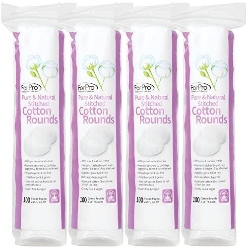 ForPro Pure & Natural Stitched Cotton Rounds for Face (400-Count), 100% Pure Cotton Makeup Remover Pads, Hypoallergenic, Lint-Free, Vegan & Cruelty-Free, Pack of 4-100 Cotton Pads