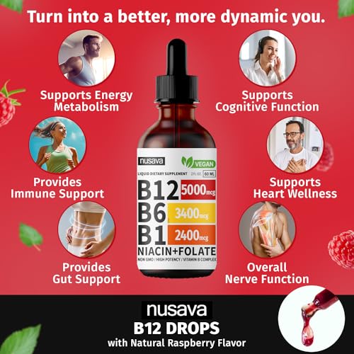 (2 Pack) Vitamin B12 Liquid Drops, Vitamin B Complex, Vegan B12 Sublingual 5000 mcg with Vitamin B6, Liquid B12 Methylcobalamin Supports Energy, Brain & Heart with 27,200 mcg Per Serving, 80 Servings