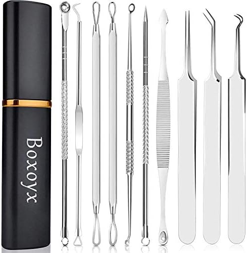 Pimple Popper Tool Kit - Boxoyx 10 Pcs Blackhead Remover Comedone Extractor Kit with Metal Case for Quick and Easy Removal of Pimples, Blackheads, Zit Removing, Forehead,Facial and Nose(Silver)