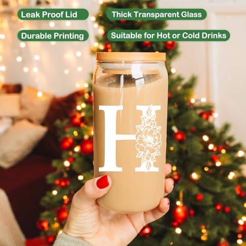 Coolife Initial Glass Cup, Monogrammed Gifts for Women, 16 oz Glass Cups w/Lids Straws, Iced Coffee, Smoothie, Beer Glass Tumbler w/Straw Lid - Personalized Christmas, Birthday Gifts for Her Mom