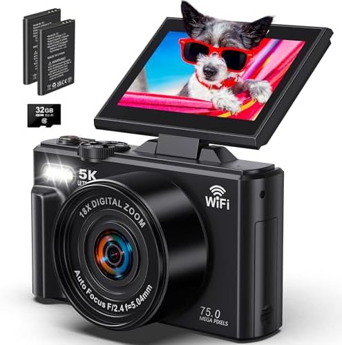5K Digital Camera for Photography - WiFi 75MP Vlogging Camera for YouTube - UHD Autofocus Video Cameras 3" 180° Flip Screen with 18X Zoom - Compact Vlog Travel Cameras with 32GB SD Card 2 Batteries