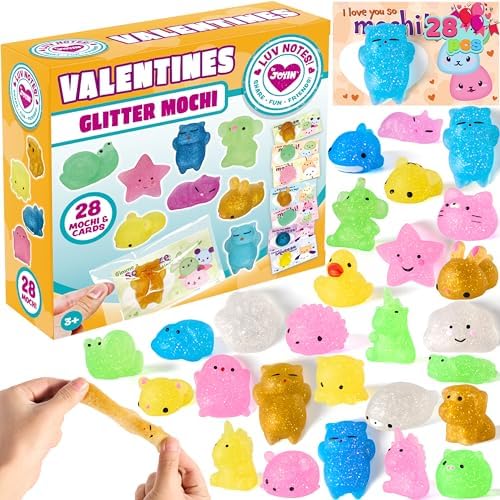 JOYIN 28 Packs Valentine's Day Gift Cards with Glitter Mochi Squishy Toys to Squeeze, Kawaii Stress Relief Fidget Toy for Kids Classroom Exchange Prizes, Valentine Party Favor