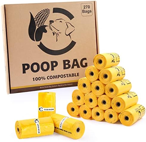 Certified Compostable Dog Poop Bags, 270 Count Landfill Friendly and Leakproof Dog Waste Bags, Easy Open Unscented Maize Yellow Poop Bag for Dog, 15 Doggy Bags Per Roll (18 rolls)