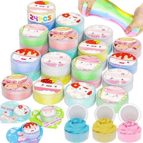 Slime Party Favors, 24 Pack Ice Cream Butter Slime 6 Colors with Scented, Cute Dessert Themed Toys & Matching Greeting Cards, Non-Toxic Classroom Reward, Party Supplies, Easter Gifts for Kids