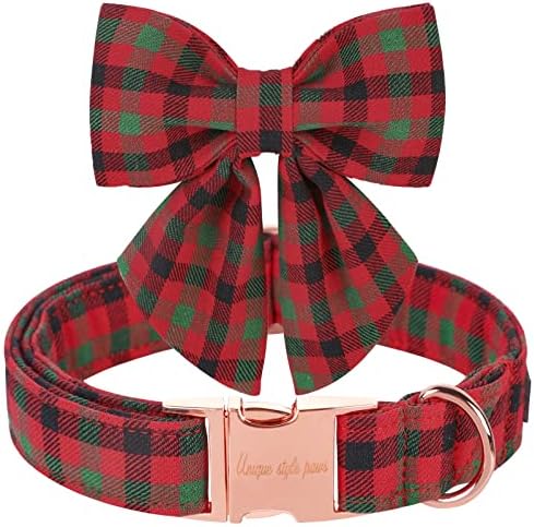 Unique style paws Christmas Dog Collar with Bow Tie Black Red Green Plaid Puppy Collar for Small Medium Large Dogs as Autumn Winter Pet Gifts-M
