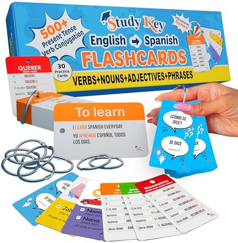 500+ English-Spanish Flash Cards for Adults and Kids 15+, 270 Spanish Verb Conjugation, Nouns, Adjectives, and Phrases to Learn Spanish for Adult Beginners