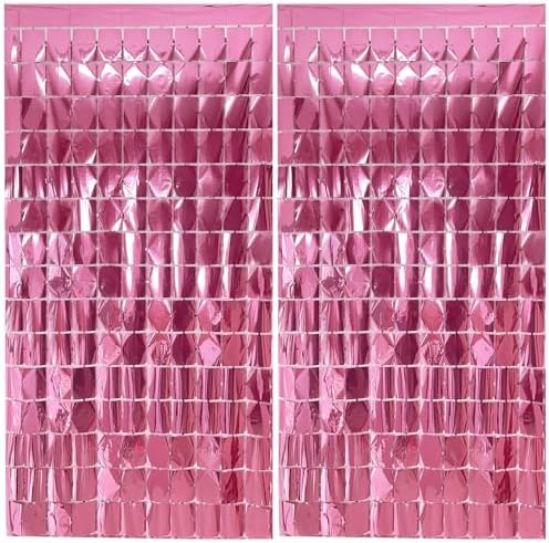 Square Foil Curtain Streamer 2 Pack Tinsel Backdrop Photo Booth Props Background for Graduation Party,New Years,Birthday,Wedding,Halloween,Christmas Decorations Pink