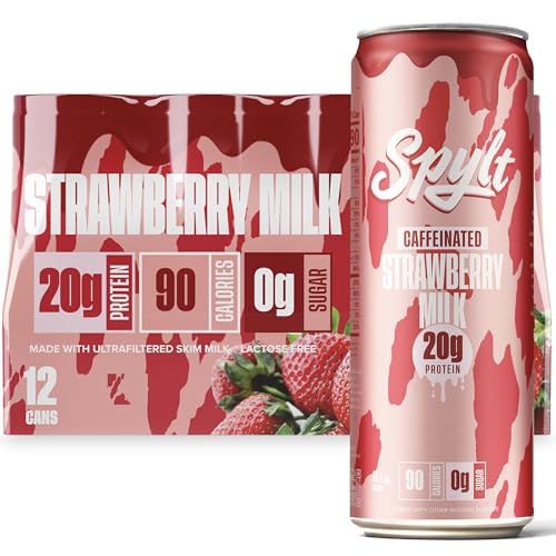 High Protein Strawberry Milk with 60mg Caffeine & 20g Protein - Ready to Drink, Sugar Free, Lactose Free Milk, Perfect for Workout Recovery & Afternoon Pick Me Up - 12 Count