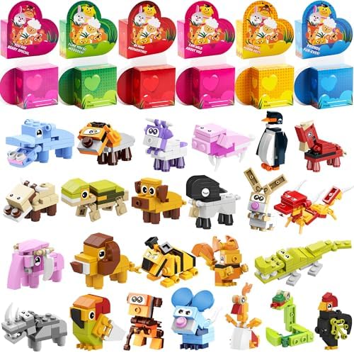 JOYIN 24 Packs Valentines Animal Building Blocks with Hearts Party Favors for Kids Valentine Classroom Prize, Classroom Gift Exchange School Rewards