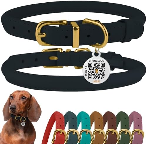 BRONZEDOG Rolled Leather Dog Collar with QR ID Tag, Adjustable Soft Round Collars for Small Medium Large Dogs Puppy (11" - 14 1/97" Neck Size, Blush)