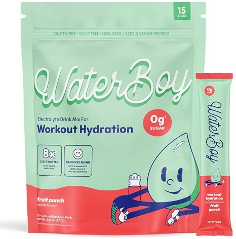 Waterboy Workout Hydration | 2,960mg Sugar Free Electrolyte Powder Packets | L-Glutamine + Vitamins | No Sugar, All Natural, Gluten Free | 15 Drink Stick Mixes (Fruit Punch)