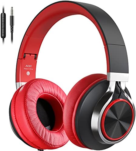Over Ear Headphones Wired, AC01 Noise Isolating Corded Stereo Headsets with Microphone Volume Control for Adults Teens 3.5mm Jack for Chromebooks, Laptop, Computer, Tablets, Travel (Black Red)