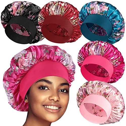 5 Pack Satin Bonnet Silk Bonnet for Sleeping Women, Hair Sleep Bonnets for Women, Wide Soft Band Large Sleep Cap for Curly Hair Braids