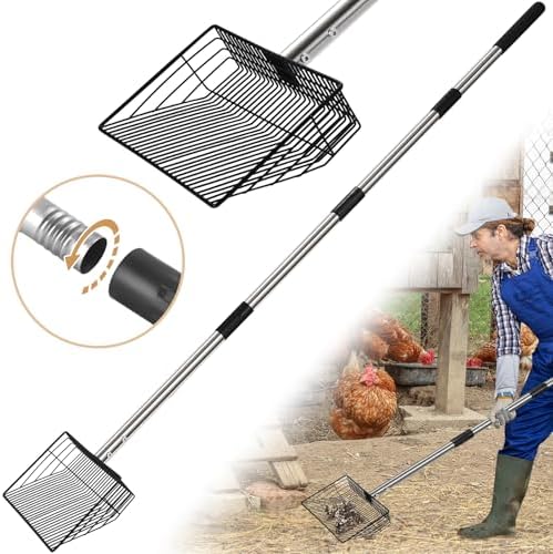 10inch Large Metal Chicken Poop Scooper, 24 to 68" Long Chicken Coop Litter Scoop with Stainless Steel Handle, 4 in 1 Multifunctional Heavy Duty Litter Sifting Shovel Chicken Coop Accessories