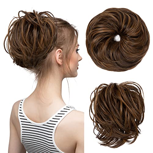 CJL HAIR Large Messy Bun Hair Piece Wavy Curly Scrunchies Synthetic Chignon Ponytail Hair Extensions Thick Updo Hairpieces for Women Dark Brown/Golden Blonde