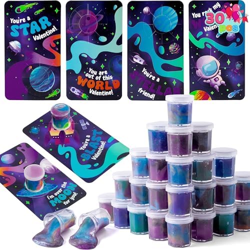JOYIN 30 PCS Valen Day Gift Cards with Galaxy Slime Stress Relief Fidget Toy for Kids Party Favor, Classroom Exchange Prizes, Exchange Gifts