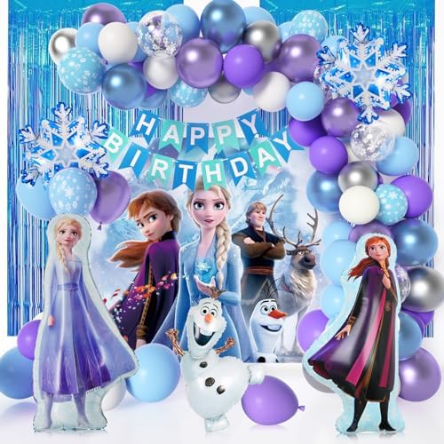 Frozen Birthday Party Supplies, Frozen Party Decorations 82 PCS Include Frozen Backdrop Snowflake Balloon Garland Arch Kit, Elsa, Anna and Olaf Foil Balloon and Happy Birthday Banner for Kids Birthday
