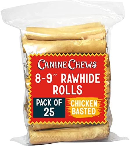 Canine Chews 8-9" Chicken Basted Rawhide Retriever Rolls - Pack of 25 Chicken-Flavored Long-Lasting Dog Rawhide Chews - Protein-Dense Jumbo Rawhide Bones For Large Dogs - Treats for Aggressive Chewers