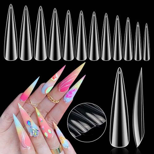 504PCS 3XL Stiletto Nail Tips, 3XL Extra Long Clear for Acrylic Nails Professional, 12 Sizes Tapered Acrylic Full Nail Tips Press On Gel Nail Tips for Nail Salons Home DIY
