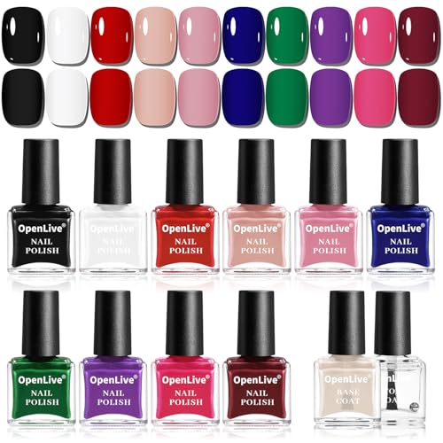 12 PCS Nail Polish Set With 10 Colour Combo, 2 PCS Base And Top Coat,Fast Drying Nail Polish For Home DIY And Beginners.