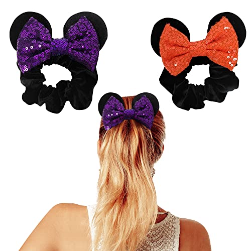 Styla Hair 2pk Velvet Scrunchies for Kids - Sparkle Sequins Hair Bands for Pony Tail Mickey Ears (Purple Orange)