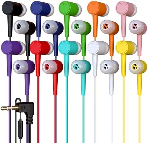 10 Pack Bulk Headphones, Wired Earbuds for Kids, Teens, Adults, Affordable In-Ear with Microphone, 3.5mm Plug, Perfect for Schools, Classrooms, Libraries, Multipack for Wholesale, Multi Color