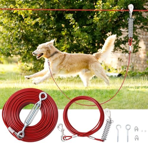 Dog Runner for Yard, 50FT Long Dog Lead with 15FT Shock Absorption Spring and Pulley Dog Tie Out Cable for Small Medium Large Dogs, Dog Trolley System for Dogs Run in Yard, Park and Outside