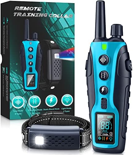 Dog Shock Collar with Flashing Light for Night Walks,Dog Training Collar with Adjustable Pitch Beep,Vibration,Shock and Keypad Lock,Dog Training Collar with Remote 4000FT,Cyan-Blue