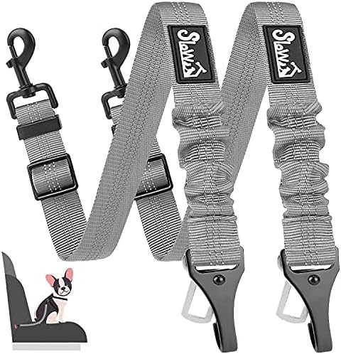 SlowTon 2 Pack Dog Seat Belt, 2 in 1 Attachment, Hook Latch Bar or Seatbelt Buckle with Elastic Nylon Bungee Buffer Adjustable Reflective Nylon Safety Belt Tether Connect to Dog Harness (2pack-GY)