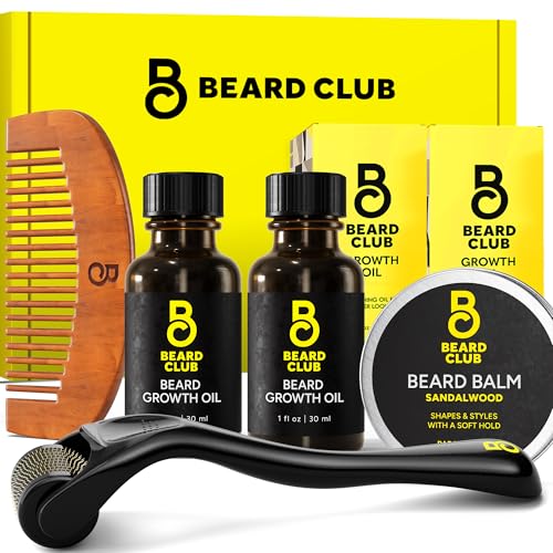The Beard Club Enhanced Beard Growth Kit - Derma Roller, Beard Growth Oil (2PK), Sandalwood Beard Balm, Beard Comb - Gift Set