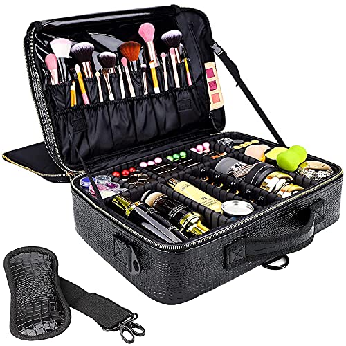 gzcz Large Makeup Train Case Professional 16" Travel Makeup Cosmetic Bag Organizer Portable PU Leather Makeup Storage Case Artist Box with Adiustable Dividers & Strap (L-Crocodile Pattern)