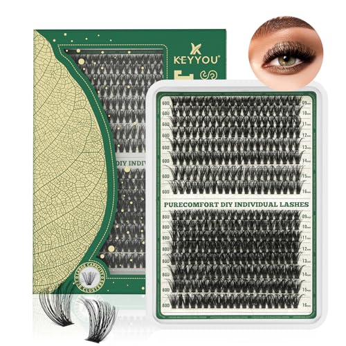 Lash Clusters 320Pcs Eyelash Clusters KEYYOU 60D+80D D Curl 9-16MIX Clusters Lashes Super Soft Wispy DIY Eyelash Extension at Home(60D+80D-D,9-16MIX)