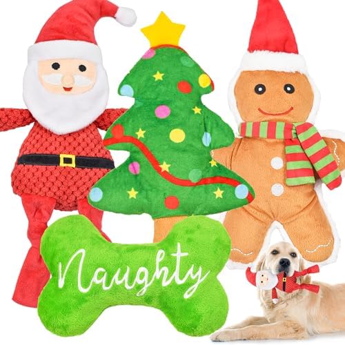 Christmas Dog Toy, 4pcs Dog Squeaky Toy, Stuffed Dog Toys for Teething & Chewing, Tough Dog Toys Xmas Gift Toy Bundle Santa Dog Toys for Large Dogs, Small Puppy Dog Toys