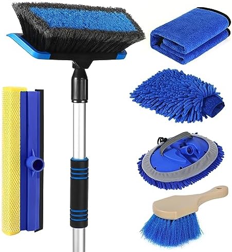 62'' Car Wash Brush with Long Handle, Scratch-Free Soft Bristles Sturdy Car Wash Mop Kit, Complete Car Cleaning Brush Kit Wash Mitt Towel Windshield Squeegee Wheel Tire Brush for Car Truck RV