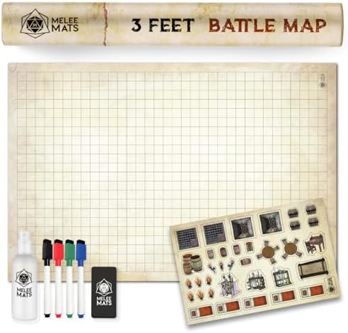 Melee Mats DND Map Starter Kit for Dungeons & Dragons Game - 24” x 36", Wet/Dry Erase Battle Terrain Grid - Ultimate Tabletop Gaming Experience with Accessories