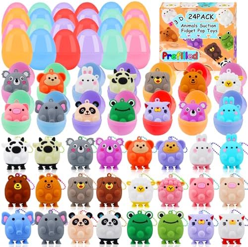 Prefilled Easter Eggs with Animal Pop Toys,24 PCS Filled Easter Eggs for Egg Hunt,Easter Basket Stuffers for Kids,Easter Party Favors Prizes
