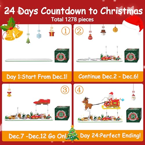 Advent Calendar 2024 Toy Building Sets - Santa Claus, Christmas Countdown 24 Boxes 1278 PCS Building Blocks with Lights, Christmas Decorations Christmas Gifts Stocking Stuffers for Adults Teens Kids