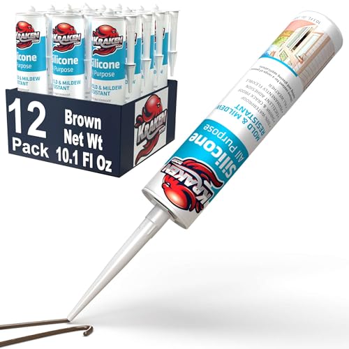 Kraken Bond RTV Brown Silicone Caulk - (12x10.1 fl.oz.) 100% Silicone Sealant Waterproof, Flexible Joint Sealant, Brown Caulking Sealant for Wood Flooring, 12 Pack