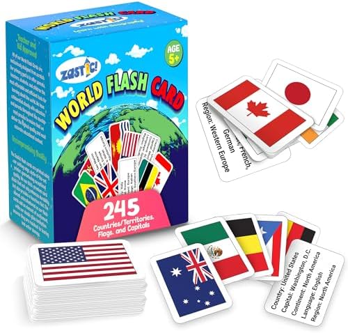 Zastic! World Flags Flashcards - 245 Country Flags, Capitals, Language, and Continents - Gloss Laminated - Country Flags of The World Flash Cards - Country Flash Cards - Geography Kids Flash Cards