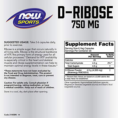 NOW Sports Nutrition, D-Ribose 750 mg, Certified Non-GMO, Energy Production*, 120 Veg Capsules