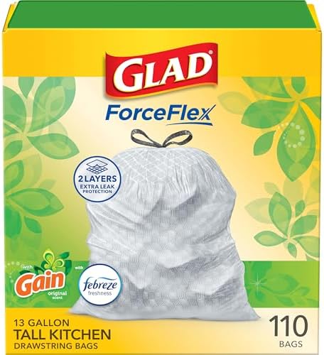 Glad ForceFlex Tall Kitchen Trash Bags, 13 Gal, Gain Original with Febreze, 110 Ct (Pack May Vary)