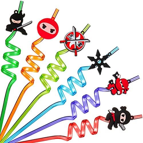 24 Pcs Ninja Drinking Straws for Kids Reusable Samurai Ninja Throw Stars Plastic Straws for Juice Milk Drinks Birthday Party Supplies
